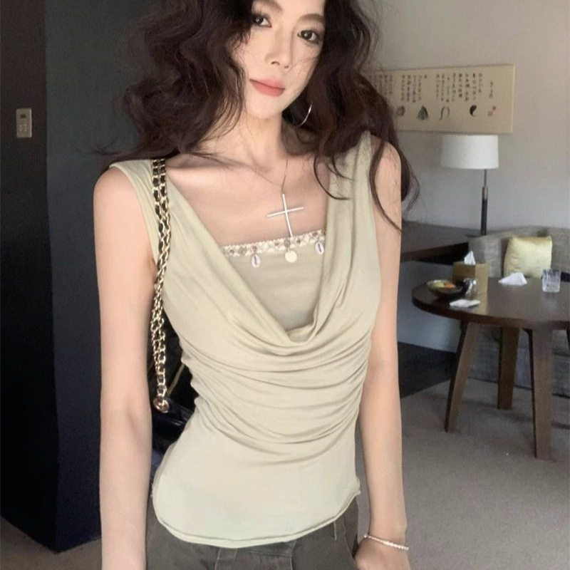 Summer Patchwork Faux Two-Piece Sleeveless T-Shirt for Women, Slim Fit with Waist-Cinching Design, Trendy Tight-Fitting Short Top