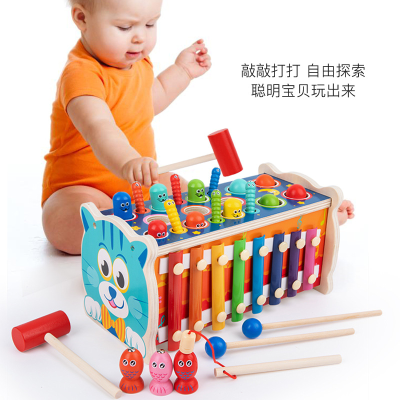 Niños multifuncional siete en uno gran pesca captura de insectos jugando al piano y juego de hámster bebé educación temprana juguetes de madera