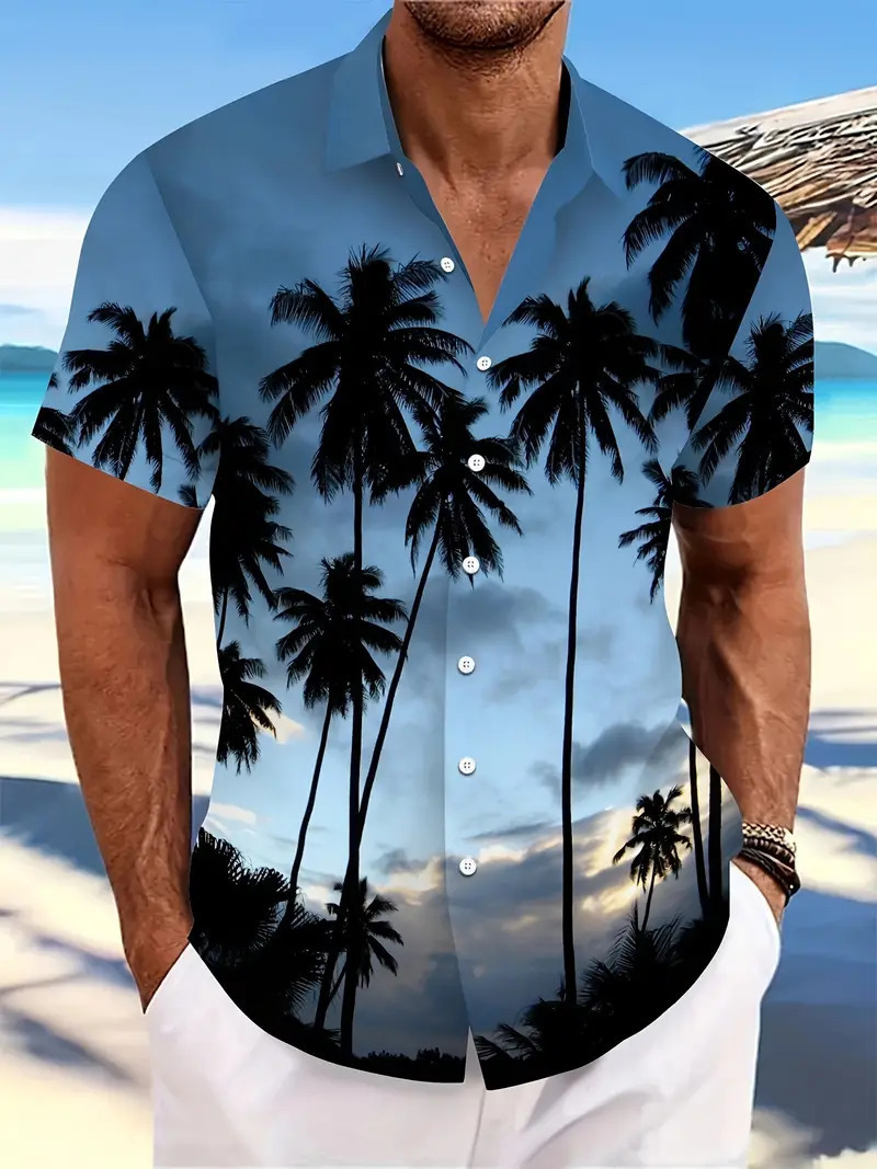 Ropa de hombre de comercio exterior de estilo europeo y americano 2024 nueva camisa de manga corta con patrón de árbol de coco de moda casual de todo fósforo MB1