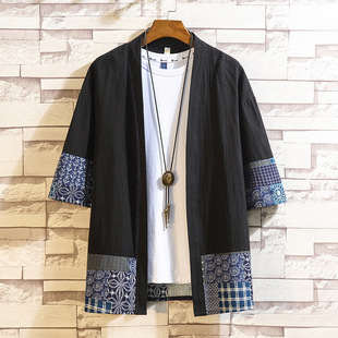 Chinese Style Summer Clothes New Men's Cotton and Linen Splicing Three-Quarter Sleeve Hanfu Japanese Retro Cardigan Taoist Robe Factory Wholesale