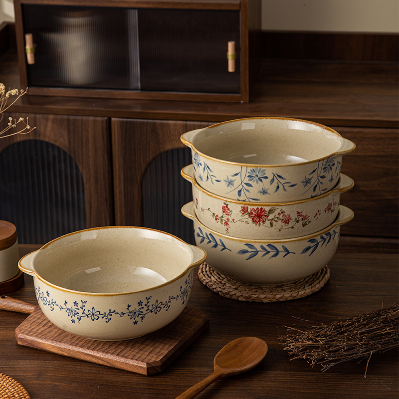 Chinese-Style Retro Pickled Cabbage Fish Bowl and Dish Set, Household Bowl, Soup Bowl, Instant Noodle Bowl, Large Capacity Bowl, Large Ceramic Bowl Set