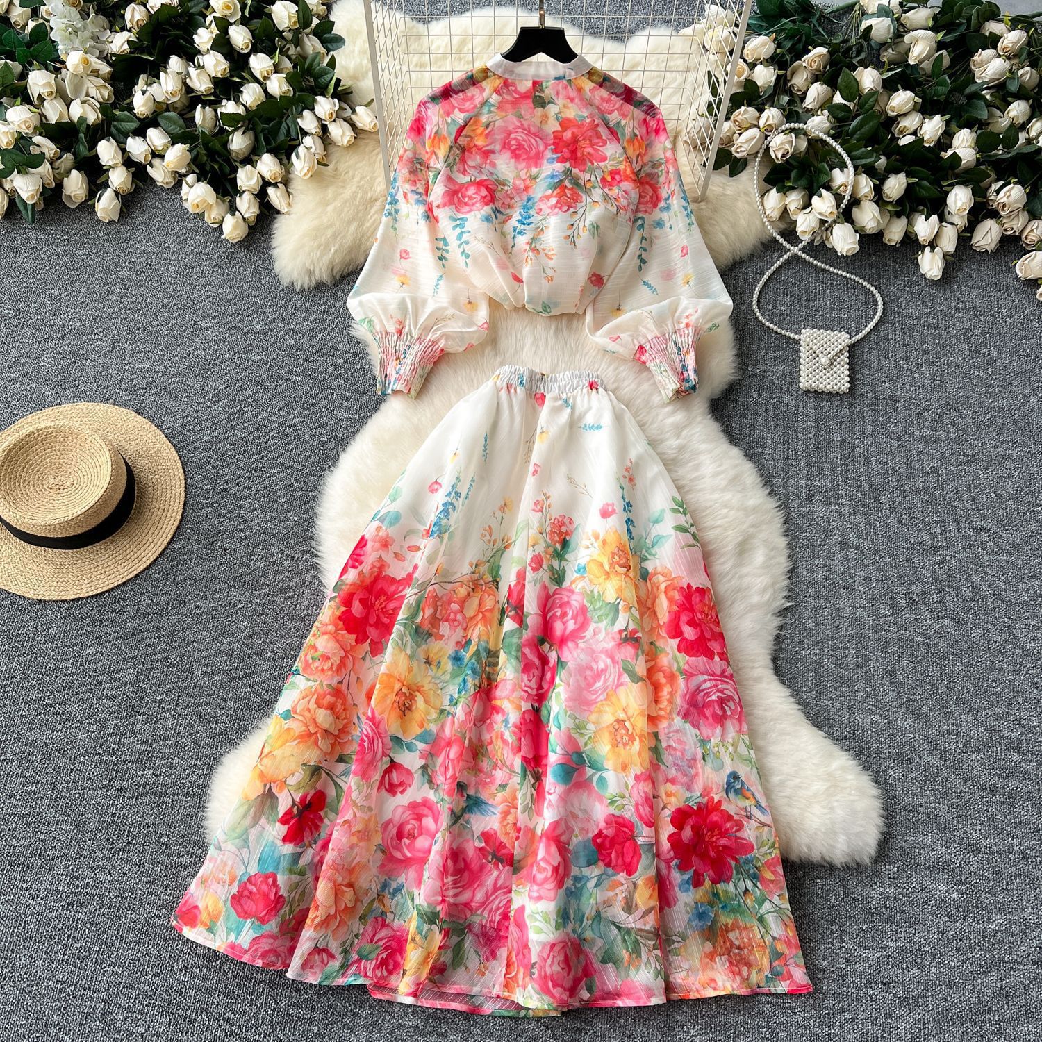 Women's European American Style Two Piece Suit Temperament Lantern Sleeve Button Down Slim Top High Waist Printed Mesh Skirt_voghion.com
