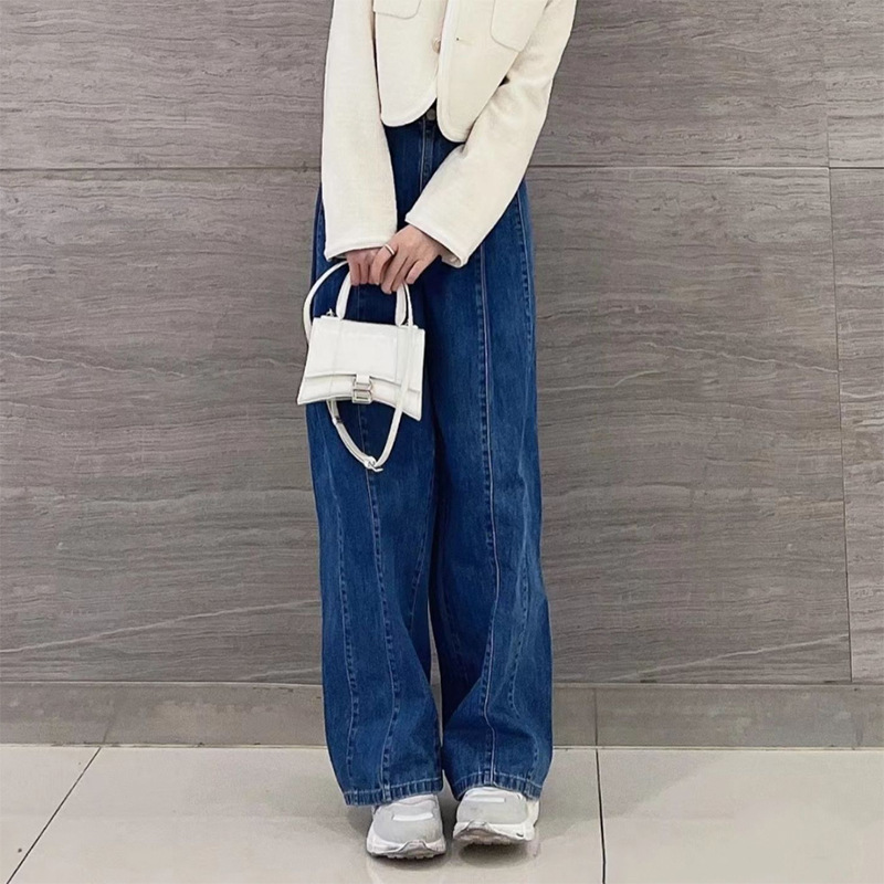 Quần jean nữ ống rộng cạp cao dáng chuối xếp ly denim dễ phối — Màu xanh lam chi tiết 7
