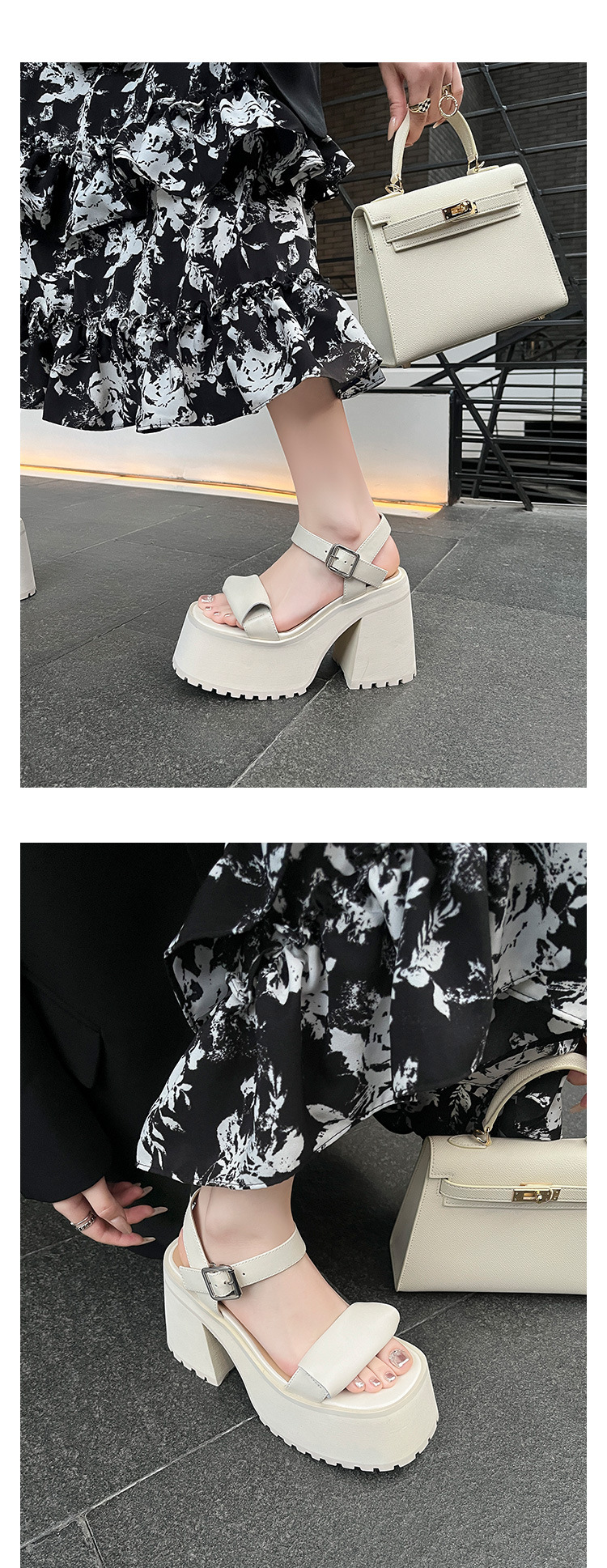 Sandal quai ngang đế dày gót vuông phong cách La Mã, đế platform tăng chiều cao, siêu nhẹ không mỏi chân — Màu đen chi tiết 12