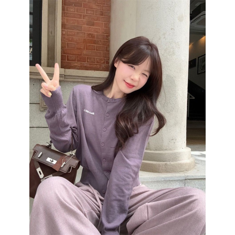 时尚套装女小个子紫色软糯针织开衫2025年春秋季阔腿休闲裤两件套|undefined