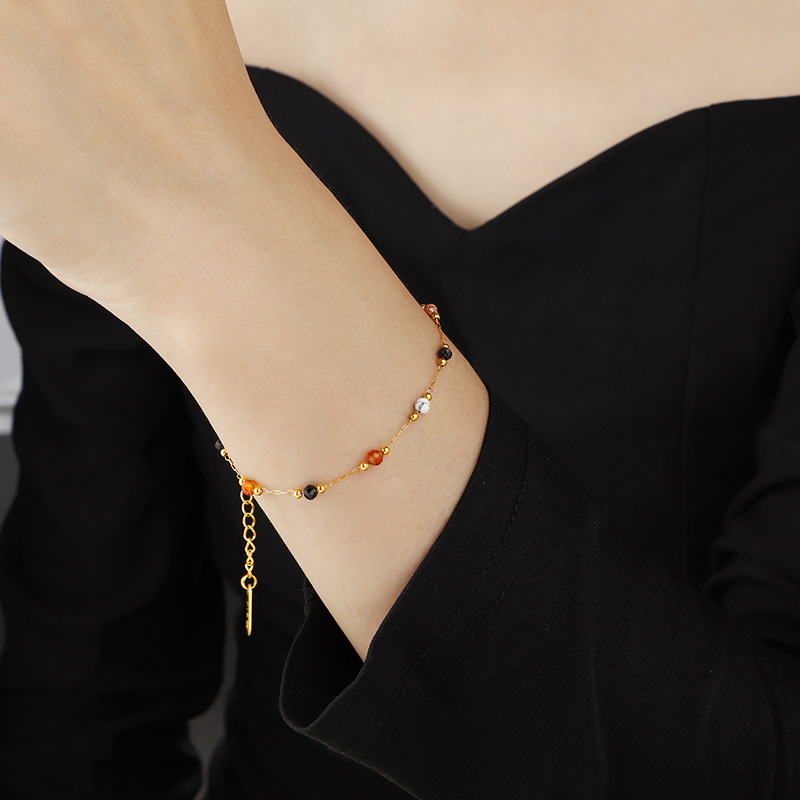 Thin chain natural colored stone clavicle chain titanium steel vintage gold-plated all-match beadou spring and summer dopamine hand and foot chain