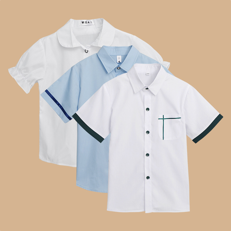 Children's summer short-sleeved shirt student school uniform shirt boys' blue summer shirt girls' cotton white shirt