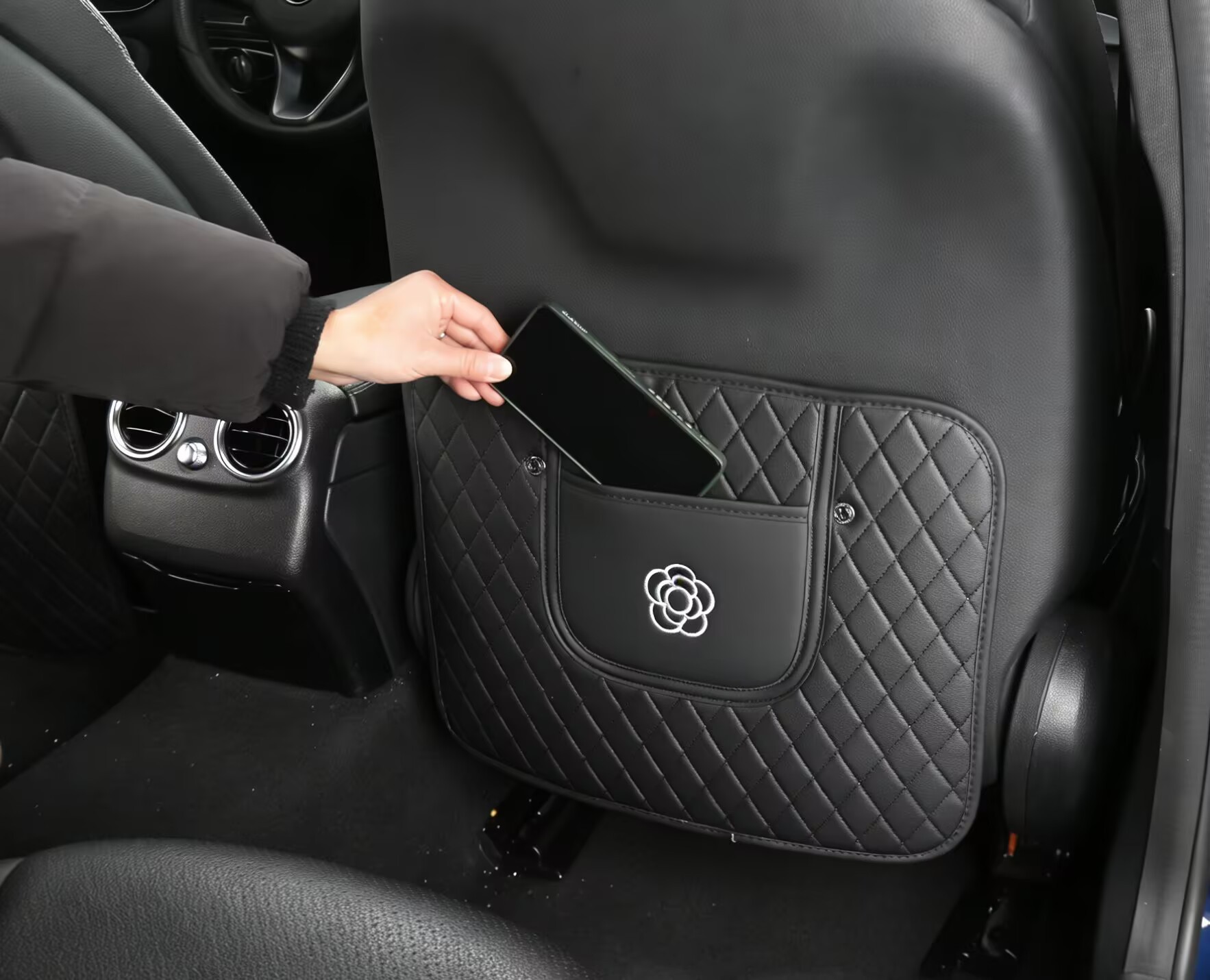 Camellia Car Anti-Kick Pad, Small Fragrance Style Rear Seat Protective Pad, Leather Seat Back Wear-Resistant Protective Pad