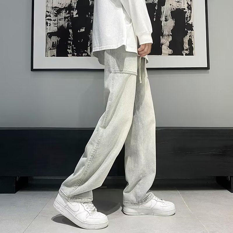 Jeans chicos 2024 primavera y otoño americano retro amarillo barro lavado desgastado holgado recto marca de moda pantalones anchos de calle alta