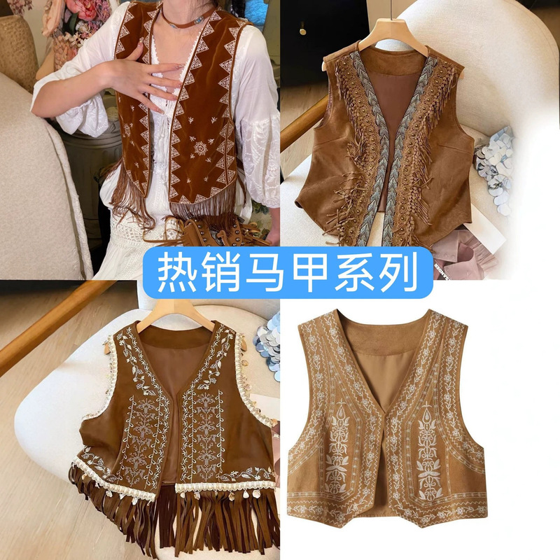 Ethnic Style Faux Suede V-Neck Retro Tassel Embroidered Vest Cardigan for Women with a Unique and Chic New Chinese Design Ethnic Style Faux Suede V-Neck Retro Tassel Embroidered Vest Cardigan for Women with a Unique and Chic New Chinese Design