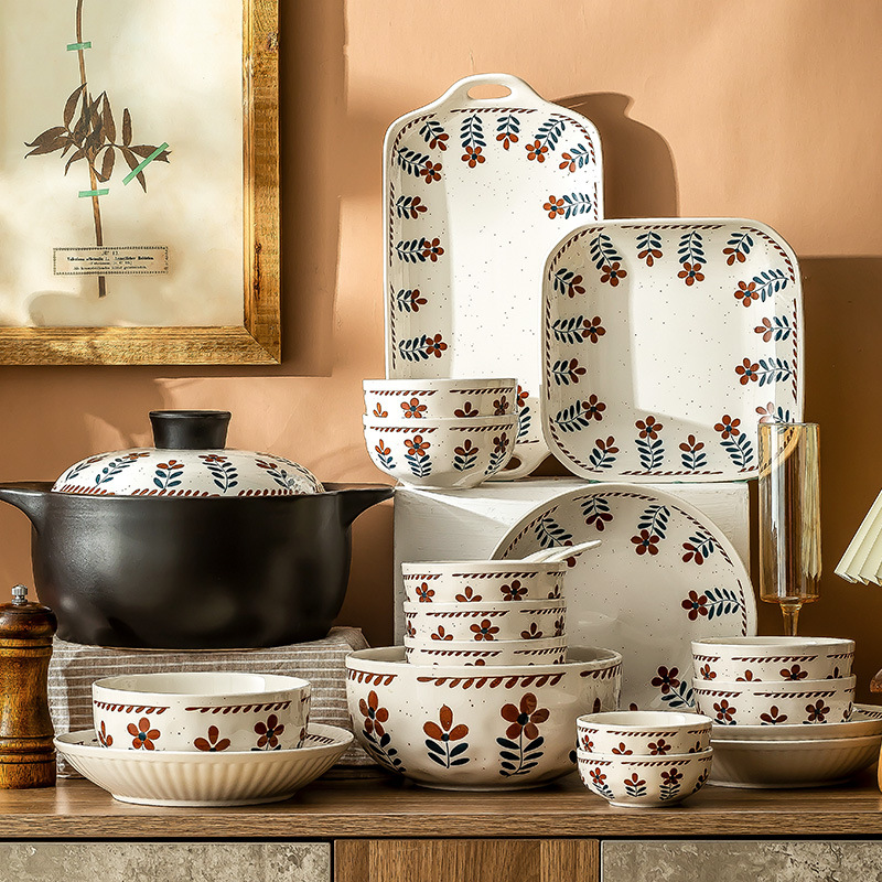 田園風陶瓷碗碟家用陶瓷飯碗雙耳盤子組合套裝禮盒喬遷禮品全套