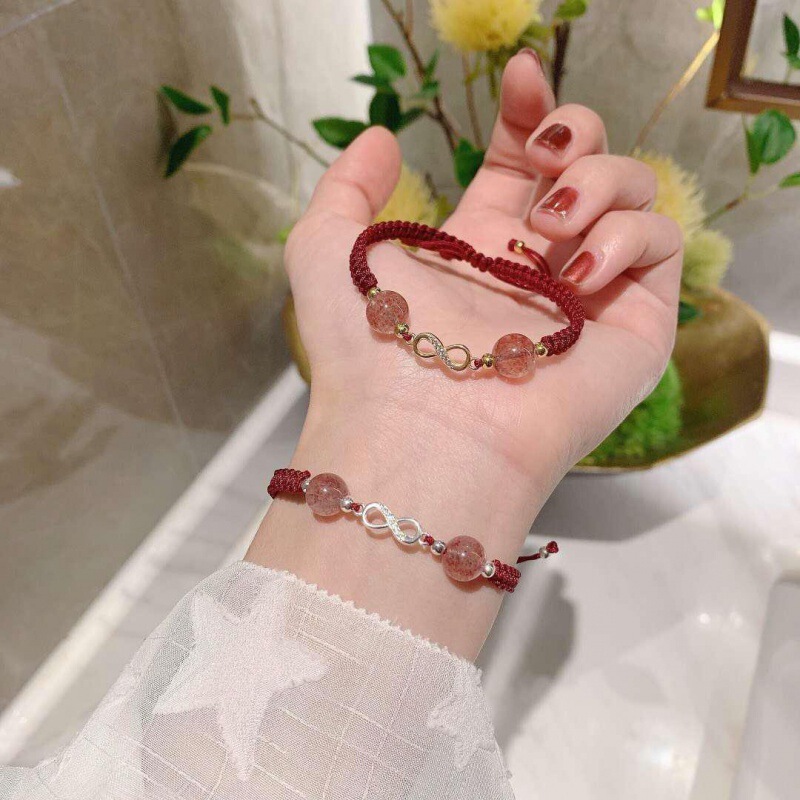 Infinite Good Luck Natural Strawberry Crystal Best Friend Rope Wavings Bracelet for Female Students Sweet Peach Blossom Crystal Red Hand Rope Jewelry