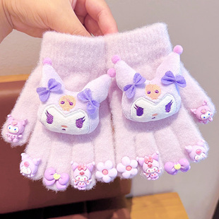Manufacturer's Cute Warm and Cold-Proof Sanrio Kidsren's Finger Gloves 3 to 6 Years Old Winter Girls' Kuromi Five-Finger Gloves