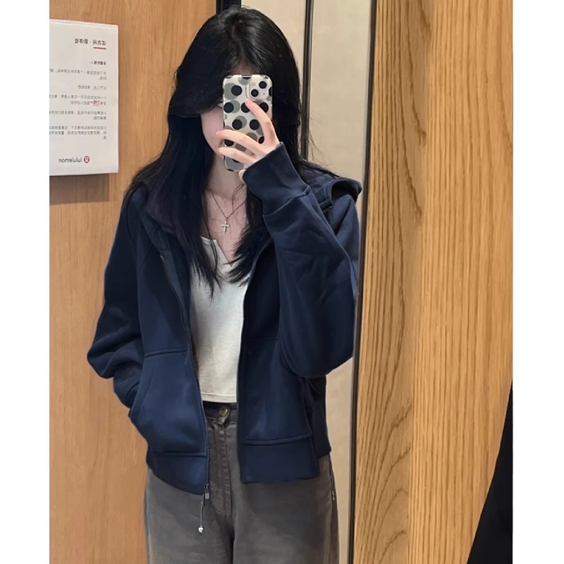 灰色短款连帽卫衣拉链初秋外套女春秋修身小个子韩系开衫上衣秋季|undefined