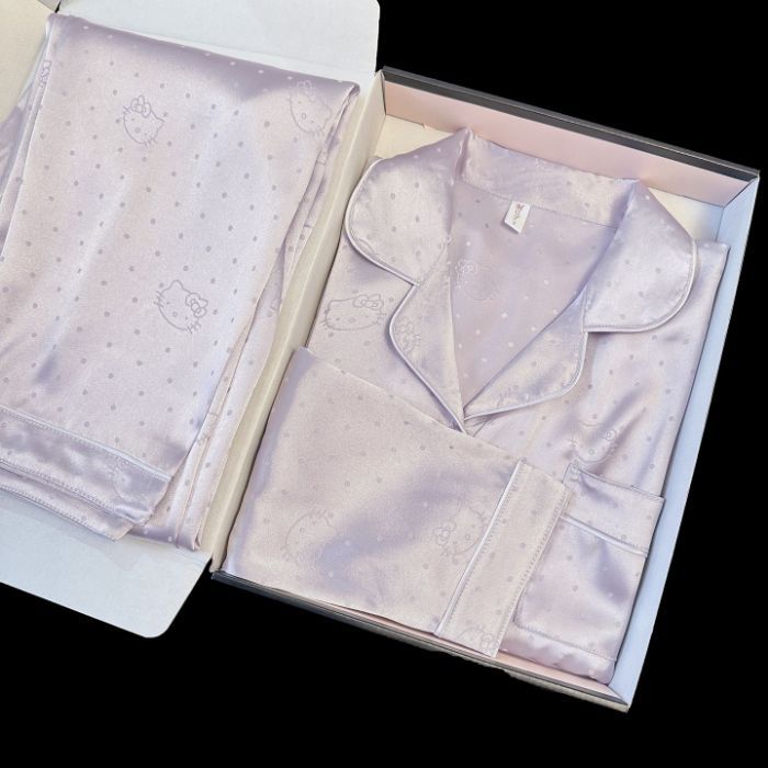 Al por mayor transfronterizo nuevo pijama de seda de hielo de mujer onda punto de dibujos animados gatito manga larga pantalones largos delgados set de ropa para el hogar