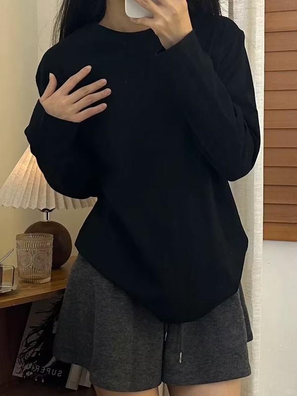 正肩纯棉长袖T恤女春秋内搭纯色打底衫宽松百搭上衣简约休闲体恤|undefined