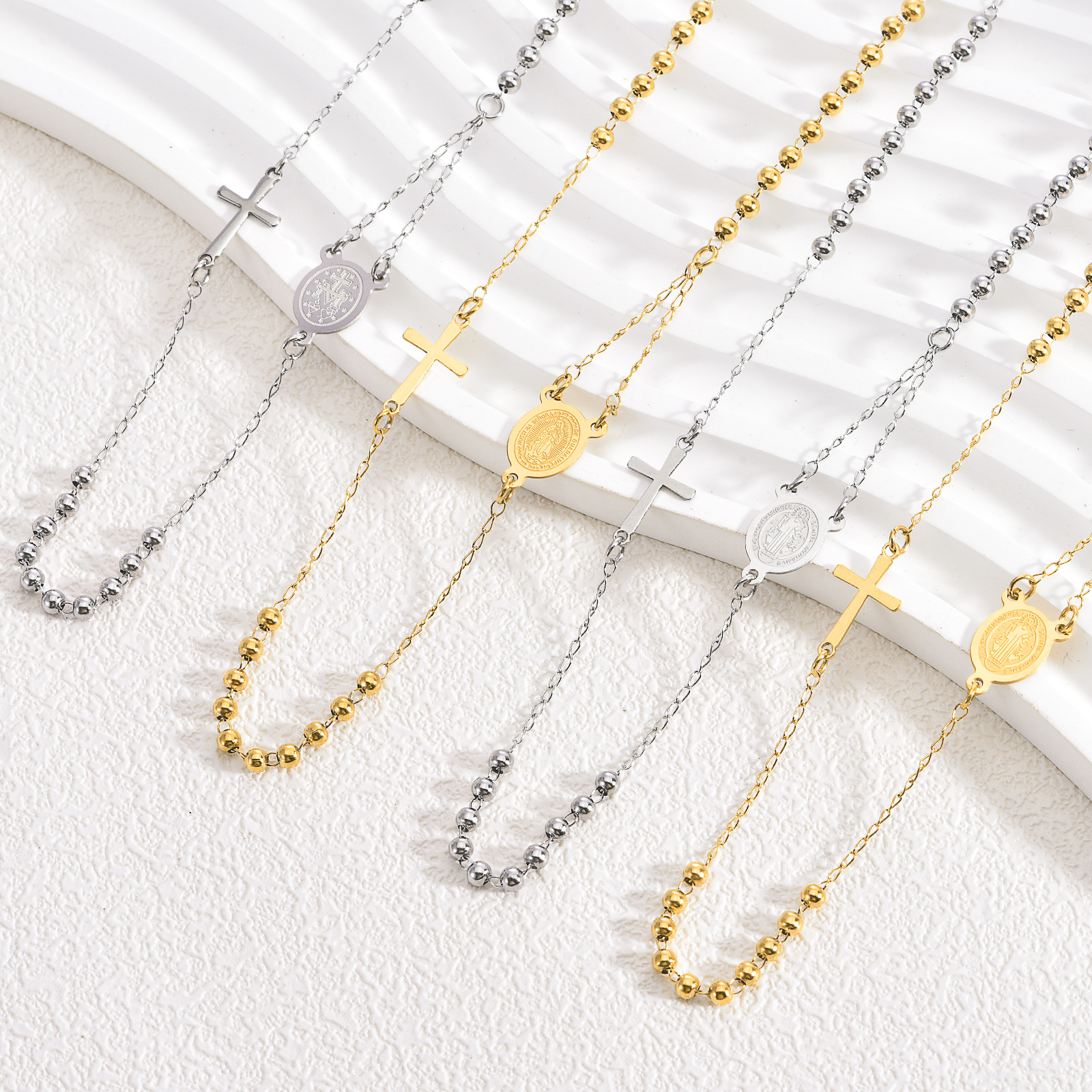 Cross-Border Popular Item: 3mm Rosary Necklace Pendant, Titanium Steel Virgin Mary Cross, Stainless Steel Buddha Bead Chain, High-End Necklace Accessory