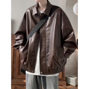 American Style Retro Leather Jacket Men's Autumn and Winter High-end Feeling Reffin Handsome Trendy Casual Loose Leather Lapel Jacket