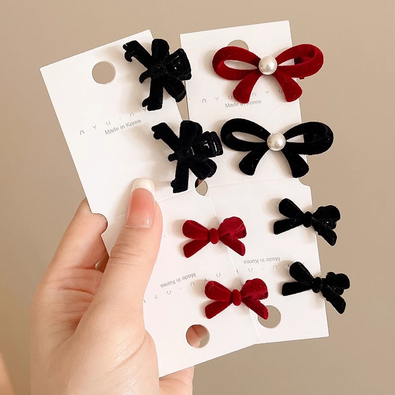 Rojo flocado lazo pequeño clip de agarre para mujer Año Nuevo Cabeza de princesa clip lateral flequillo clip de cabello roto tocado horquilla