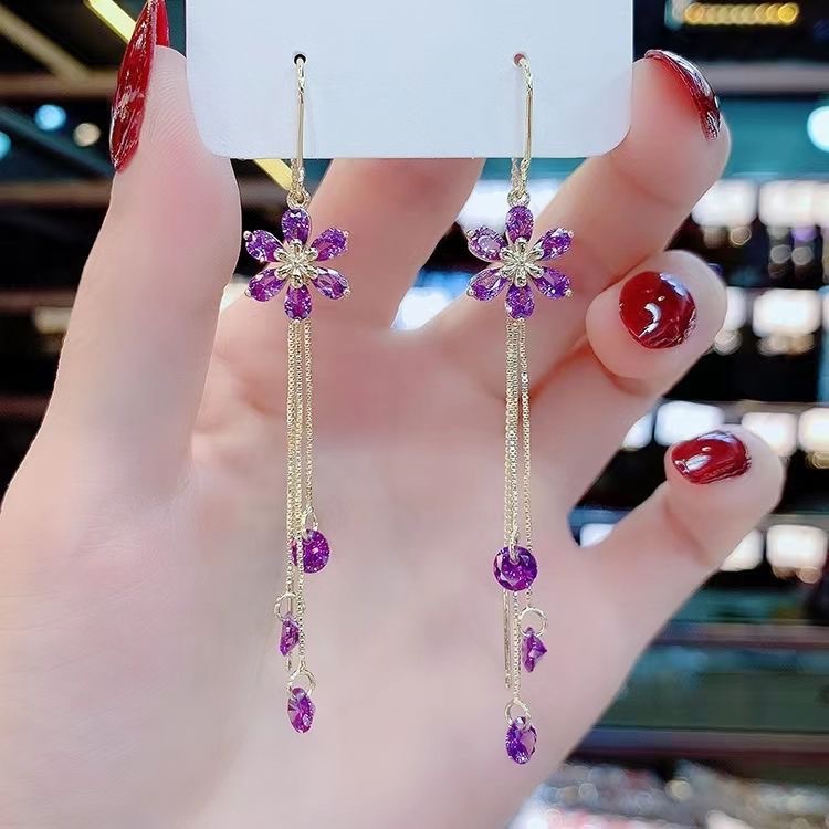 Aretes de línea de cerezo con zirconio púrpura – colgante de cristal largo, borlas, antípérdida, estilo de hada