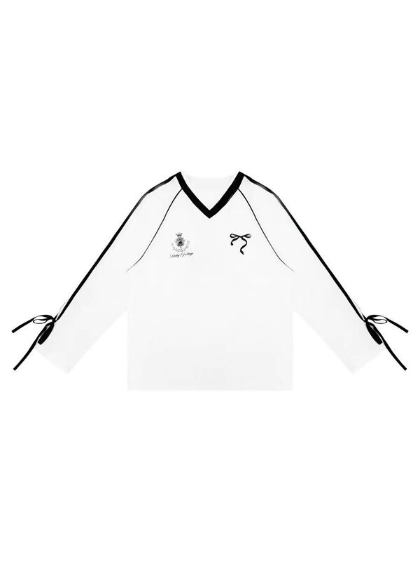 AsGony blokette アメリカンレトロスポーツボウジャージルーズVネック万能白長袖トップス|undefined