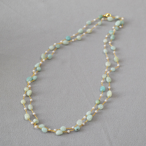 Original Design Autumn/Winter Novelty Natural Stone Handmade Bead Long Pendant Necklace with Double Layer Overlapping Strap for Women