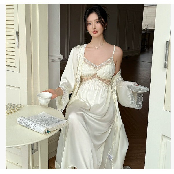 French Pajamas Women's Breast Pad Two-Piece Set New Satin Suspender Princess Style Pajamas Long Home Wear Dress