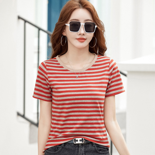 445-Striped Crew Neck Straight Shoulder Short Sleeve T-Shirt for Women Loose Fashion New Design Large Size Korean Style Top T