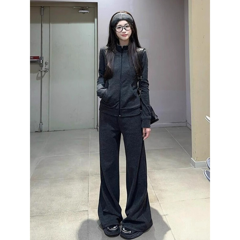 韩系气质休闲运动服套装女春秋修身显瘦半高领开衫卫衣长裤两件套|undefined