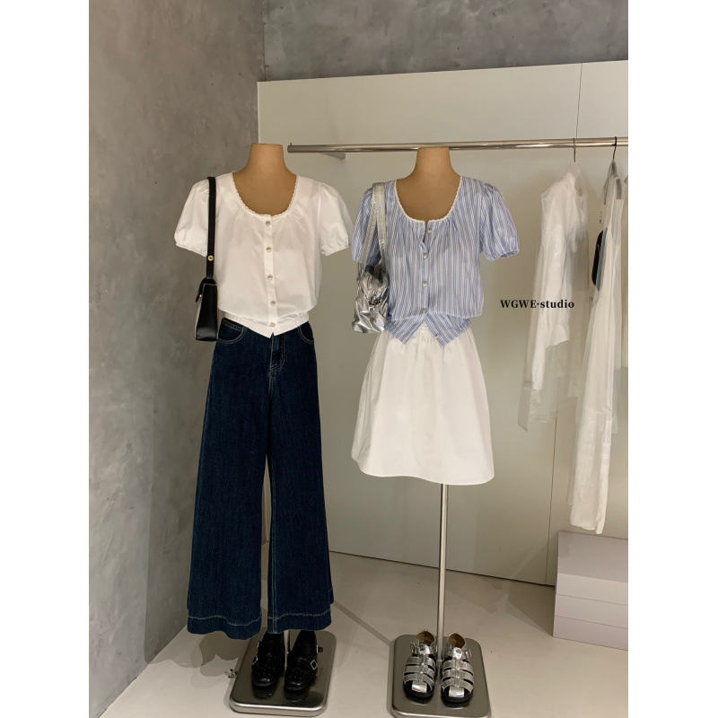 Schnei Wgwe8947 Summer Ins Korean Simple Niche Heart Button Striped Versatile Lace Collar Puff Shirt