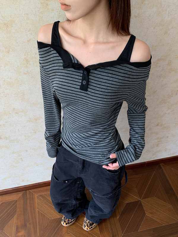原版色织条美式修身显瘦条纹一字肩长袖T恤女排扣设计感百搭上衣|undefined