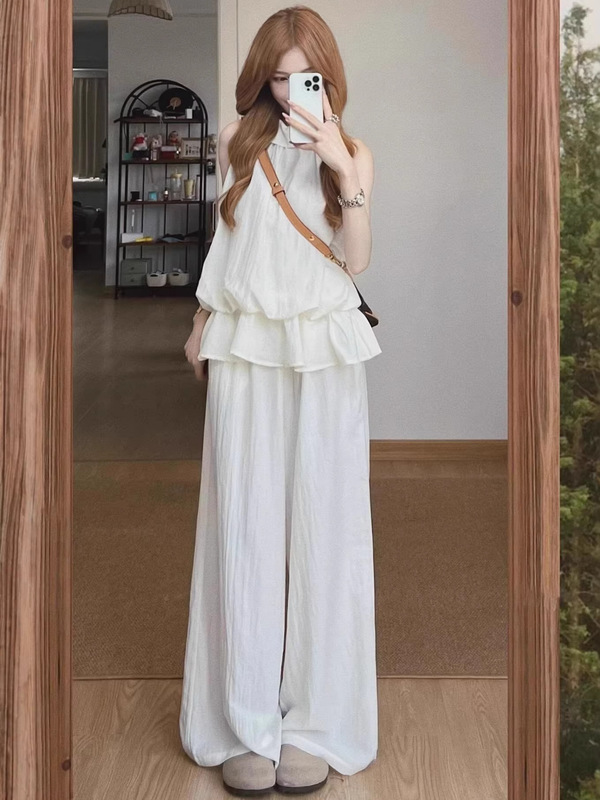 French-Style Gentle White Halter Top for Women, 2026 Summer New Style, Elegant Niche Sleeveless Tank Top and Casual Pants Set