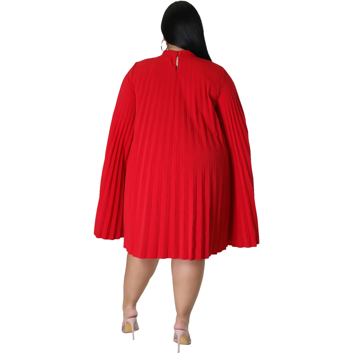 Fashion Solid Color Round Neck Long Sleeve Patchwork Polyester Plus Size Knee-Length Pleated Skirt