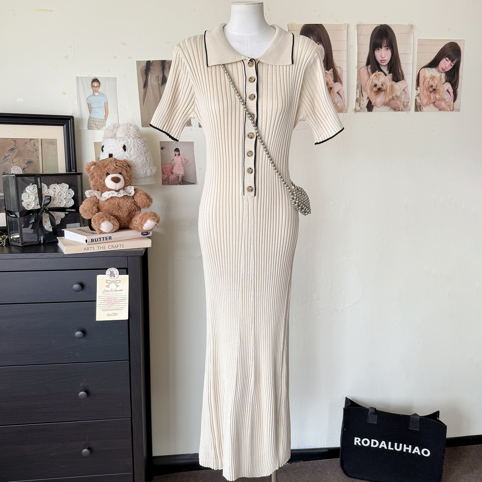 Women's Short-Sleeve Turn-Down Collar Knit Dress, Cross-Border 2025 Spring/Summer New European And American Style Ribbed_ecoleips.com