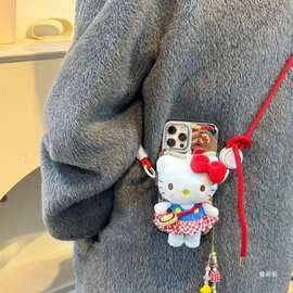通用手机背夹hellokitty猫公仔毛绒斜挎绳可爱可调节挂绳卡通玩偶