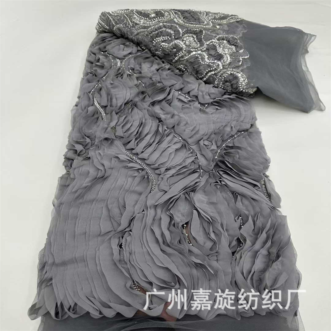 Nuevo chiffon tridimensional con flores pesadas cuentas de tubo sequinilla tela bordada vestido de boda africano vestido tela image 13
