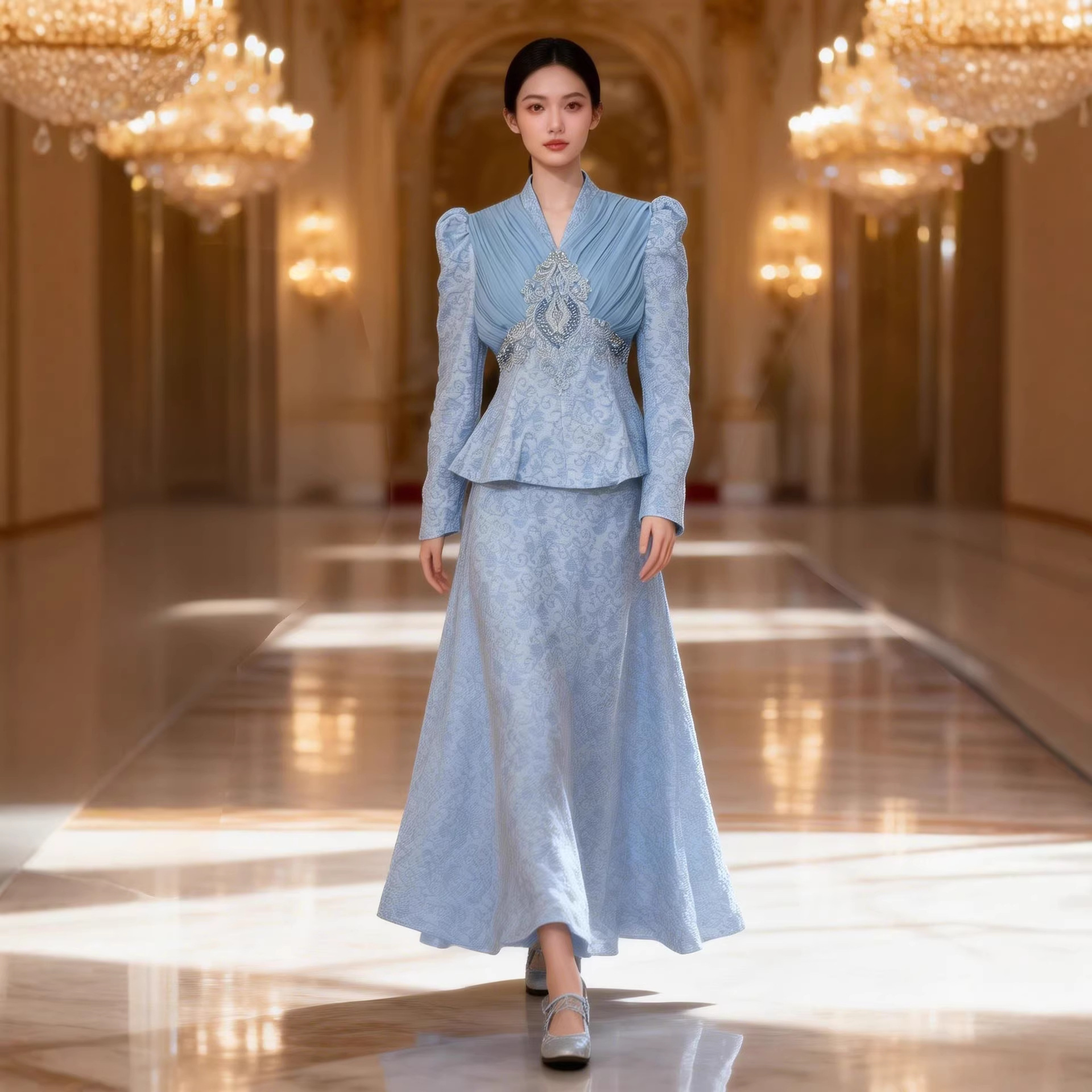 Elegant two-piece set: sky blue jacquard beaded ruffle skirt, beaded jacquard puff sleeve top + full skirt.