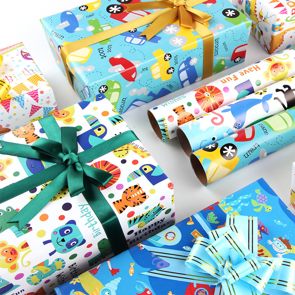 Papel de regalo grueso de 80g, papel de regalo de dibujos animados, lindos juguetes para niños, regalos de cumpleaños, cajas de regalo al por mayor