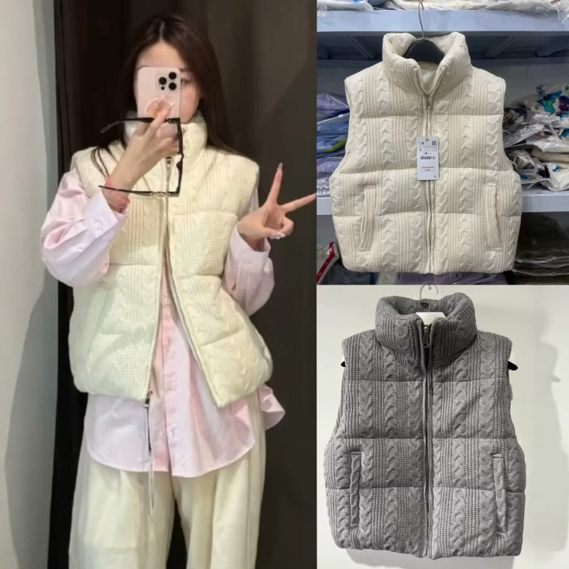 Winter New European and American Style Stand-Collar Puffer Vest, Thickened and Warm, Fashionable Versatile Knitted Cotton Vest for Women