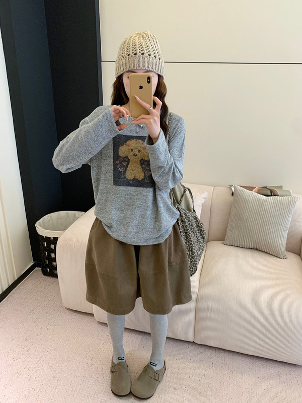 韩系圆领打底衫秋季新款长袖T恤女卡通狗狗印花打底衫休闲百搭|undefined