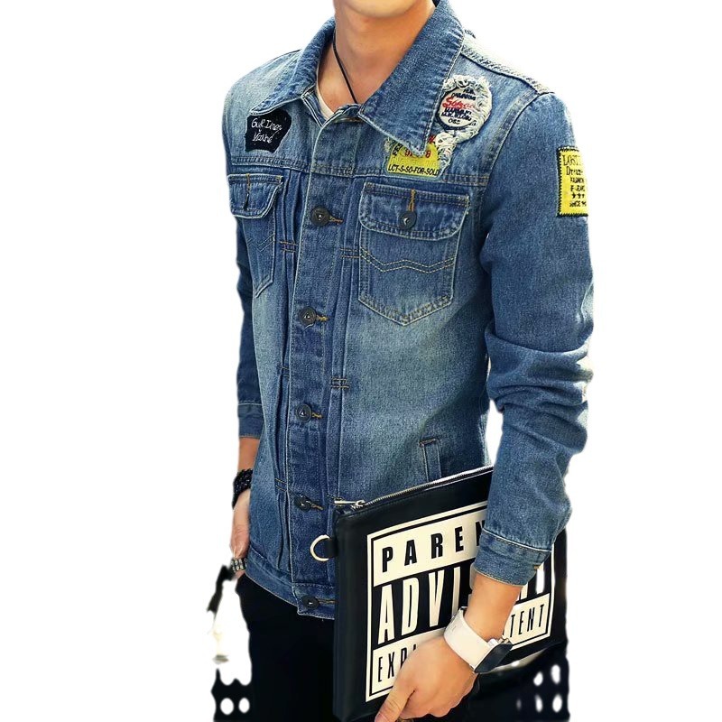 Primavera y otoño nuevos hombres chaqueta de mezclilla estilo coreano juventud estudiante manga larga pegatinas slim fit chaleco Top ropa moda
