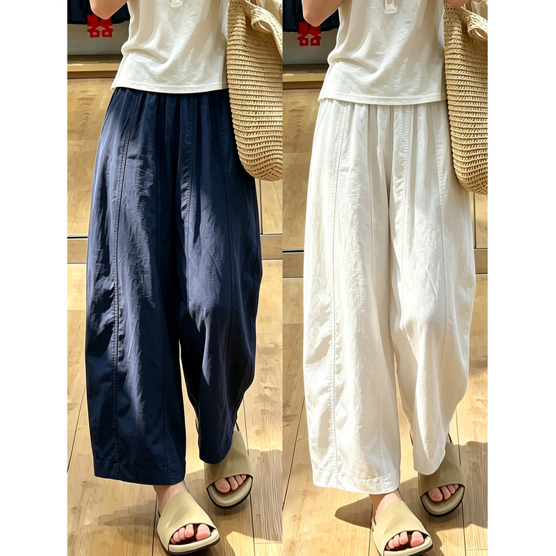 Navy blue Tencel relaxed curved-leg pants for women, summer 2026 new style, loose and slimming, petite-friendly, wide-leg cropped balloon pants Navy blue Tencel relaxed curved-leg pants for women, summer 2026 new style, loose and slimming, petite-friendly, wide-leg cropped balloon pants