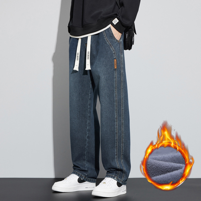 Jeans 2023 de los hombres con forro polar popular primavera y otoño rectos sueltos cintura ajustada pierna ancha casual pantalones largos Otoño e Invierno