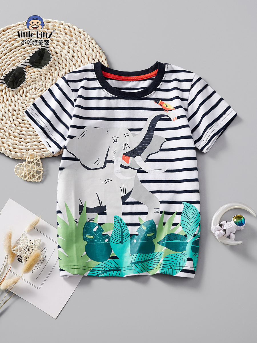 European and American Children's Clothing Striped Short-Sleeved 2025 Summer New Black and White Striped Boys' Tops Elephant Pattern Factory Wholesale