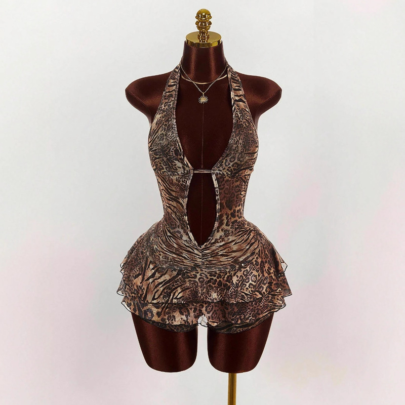 2026 European and American Cross-Border Popular Jumpsuit Leopard Print Export Hot-Selling Halterneck Deep V Sexy Backless Jumpsuit