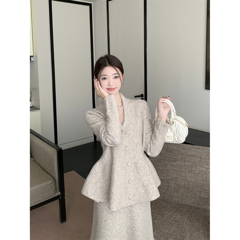温柔风套装翻领长袖毛衣外套女秋季高腰针织半身长裙两件套88610|undefined