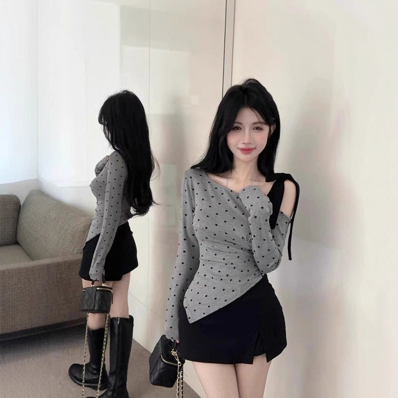 韩系风系带斜领波点T恤女2025秋冬季新款修身不规则露肩长袖上衣|undefined