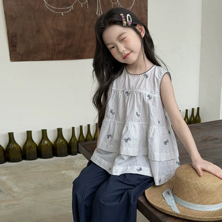 艾摩贝贝女童温柔风娃娃衫儿童夏季清爽可爱刺绣蝴蝶结无袖上衣
