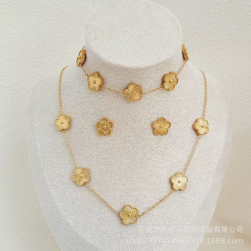 高品质不锈钢双面花饰套装 18k 金镀银五叶花项链手链耳环女士