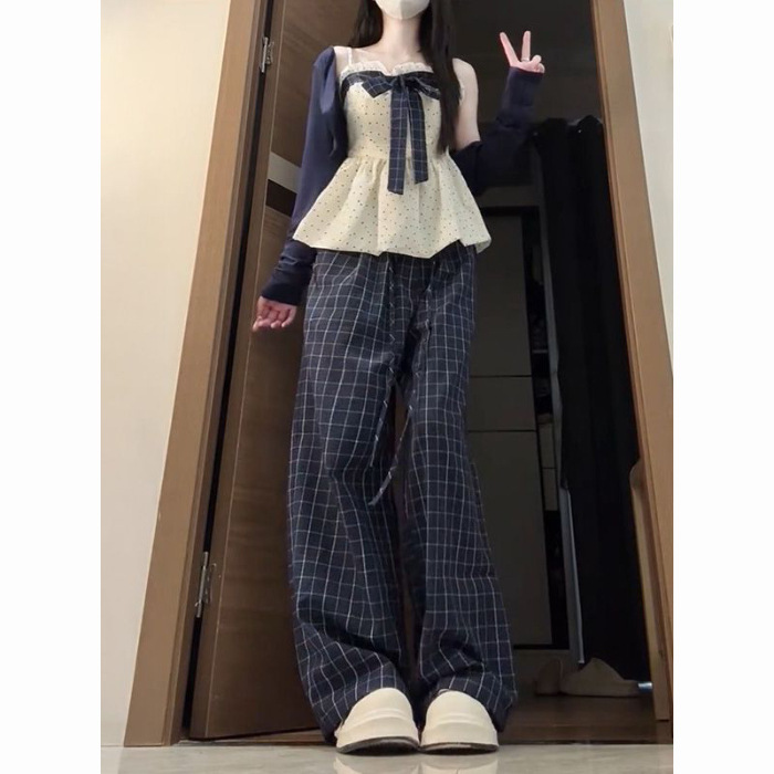 温柔少女风穿搭秋新款针织开衫蝴蝶结吊带上衣格纹阔腿长裤三件套|undefined